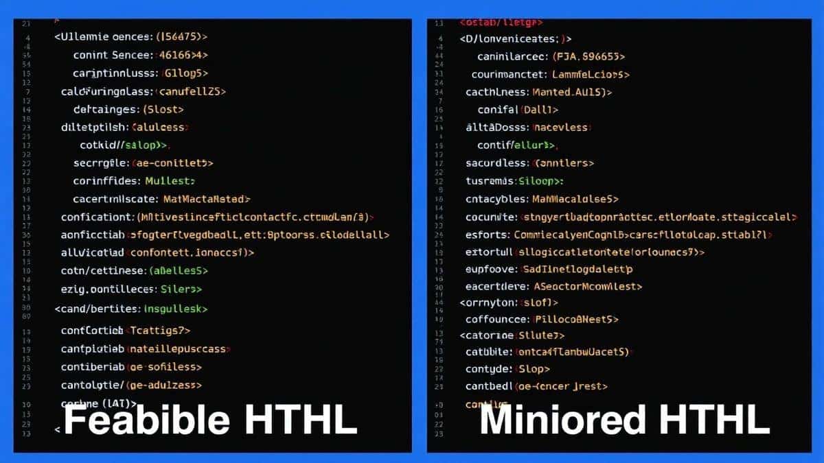side by side comparison of minified versus beautified html code showing clear difference in readability