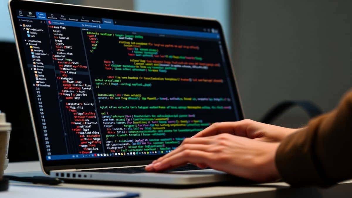 developer working with JSON data in a modern code editor on a laptop