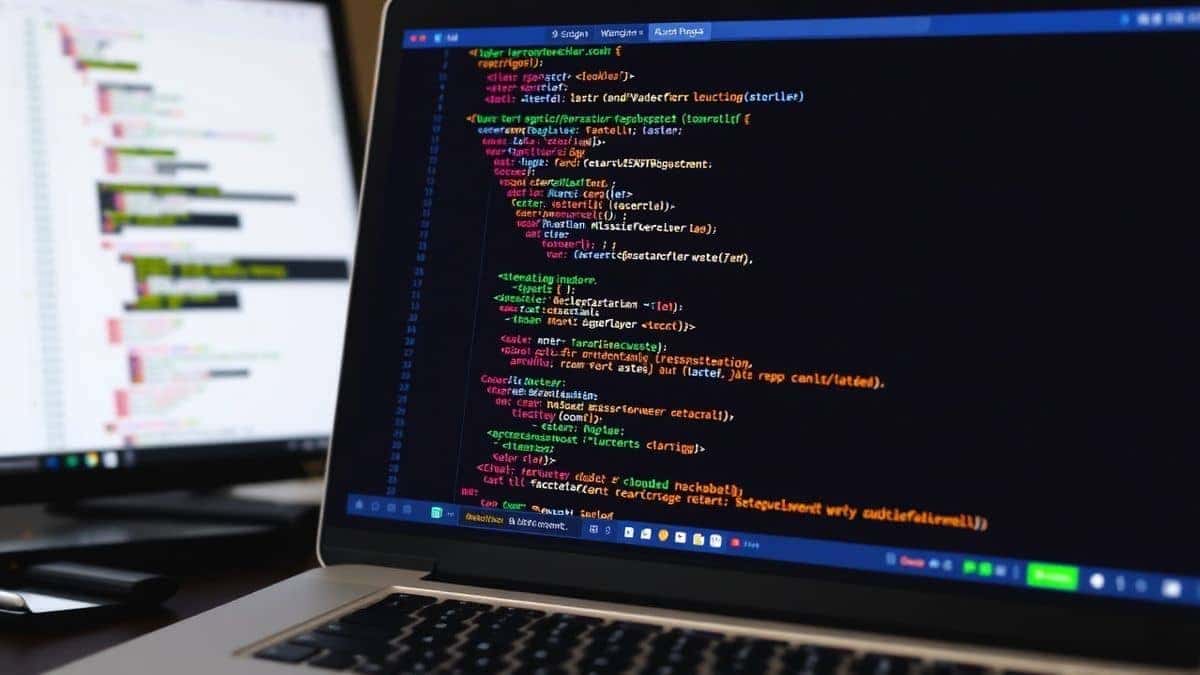 developer debugging HTML code on laptop showing error messages with validation warnings