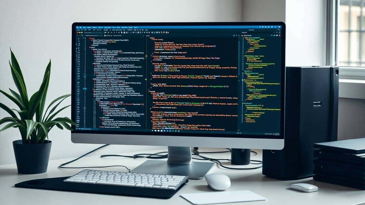 developer at workspace editing formatted XML on monitor with clean organized desk