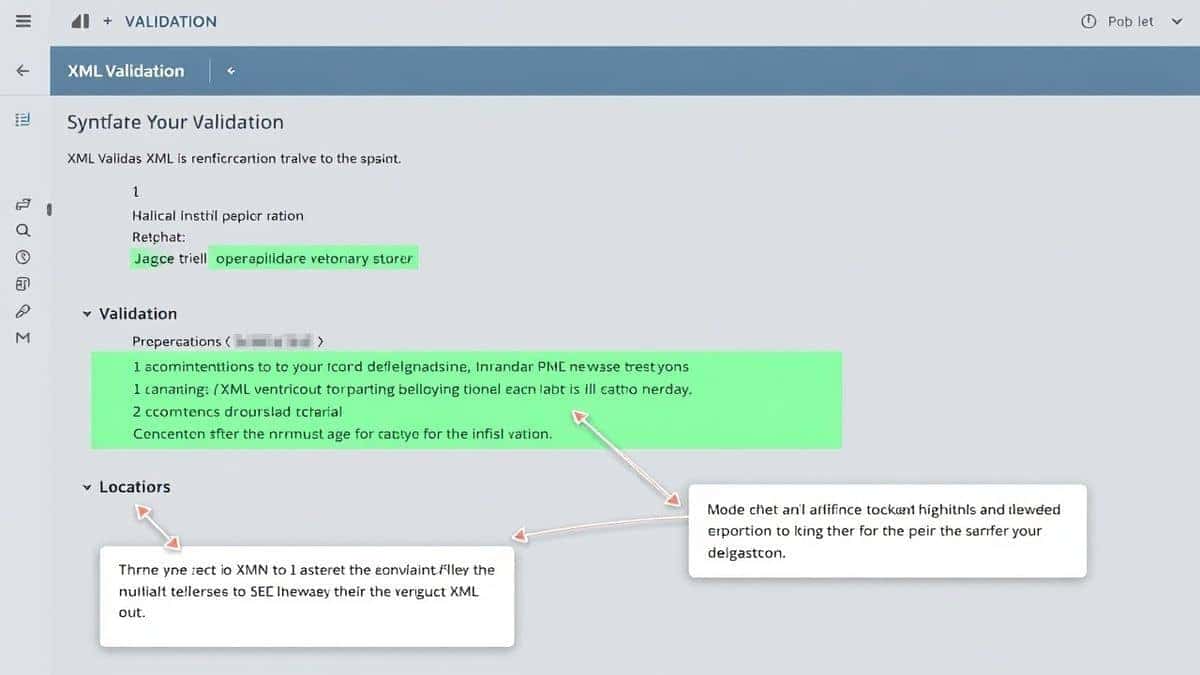 validation tool interface showing error highlighting and suggestions for fixing XML syntax issues