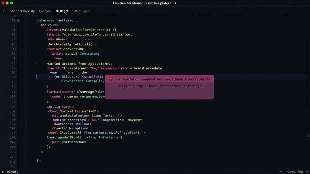 developer debugging json validation error with red error indicators on dark theme code editor