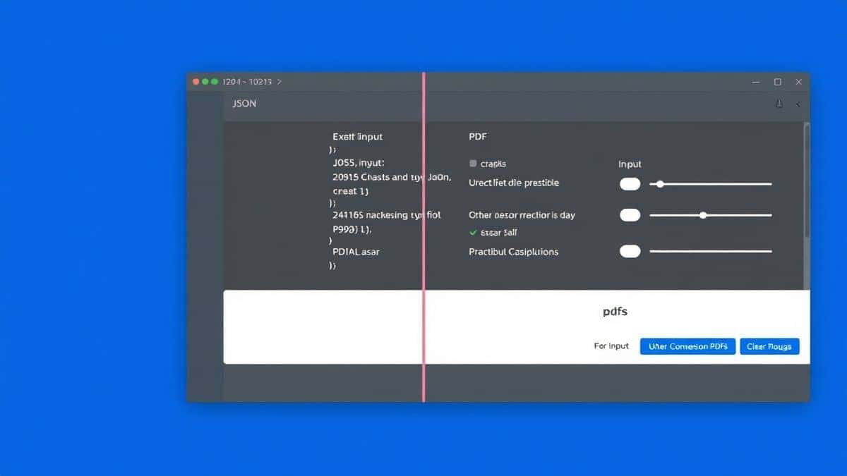 split screen showing json input on left and pdf output preview on right with clear conversion controls