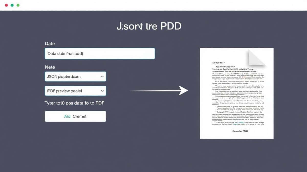 modern web-based JSON to PDF converter tool showing clean interface with data input area and PDF preview panel