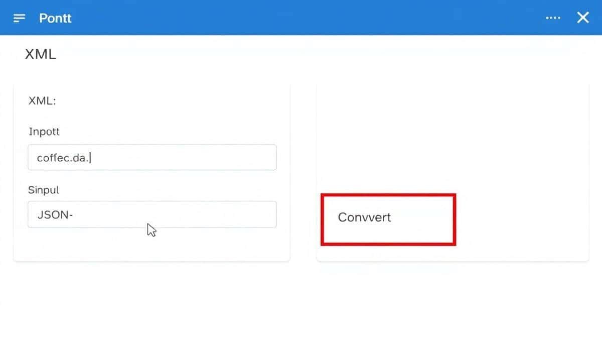clean online tool interface showing XML input panel and JSON output panel side by side with a convert button