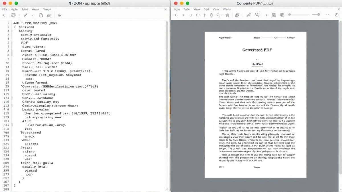 split screen showing JSON input on left and generated PDF preview on right with conversion progress indicator